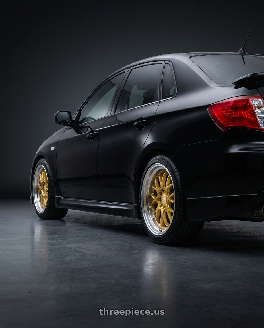 2010 Subaru WRX Sedan with F1R F21 5x100/5x114.3 18x8.5 +38 Machine Gold/Polish Lip v2 wheels rear three quarter view square tires
