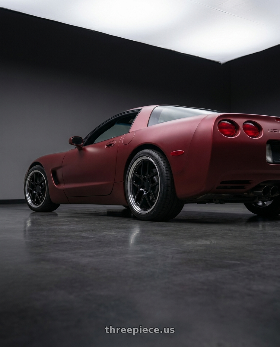 2003 Chevy corvette with OE Wheels CV04 5x120.65 18x10.5+56 Black wheels rear three quarter view square tires