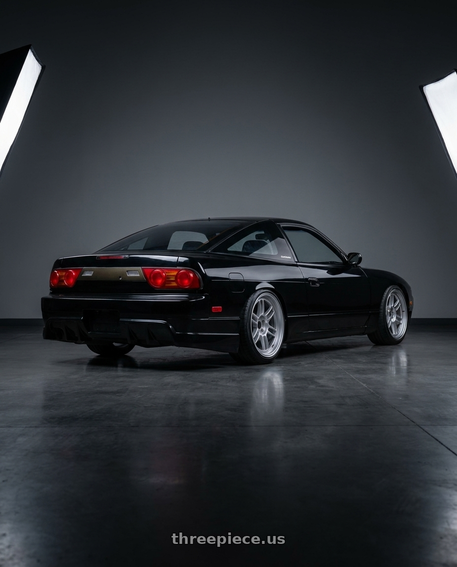 1993 nissan 240sx with Enkei RPF1 5x114.3 17x9+22 Silver wheels rear three quarter view slight stretch tires