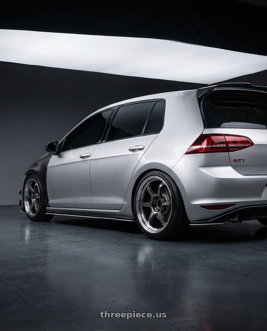 2014 golf GTI 7 with Advan Racing R6 5x112 18x8.5 +45 MACHINING & HYPER PLATINUM BLACK wheels rear three quarter view slight stretch tires