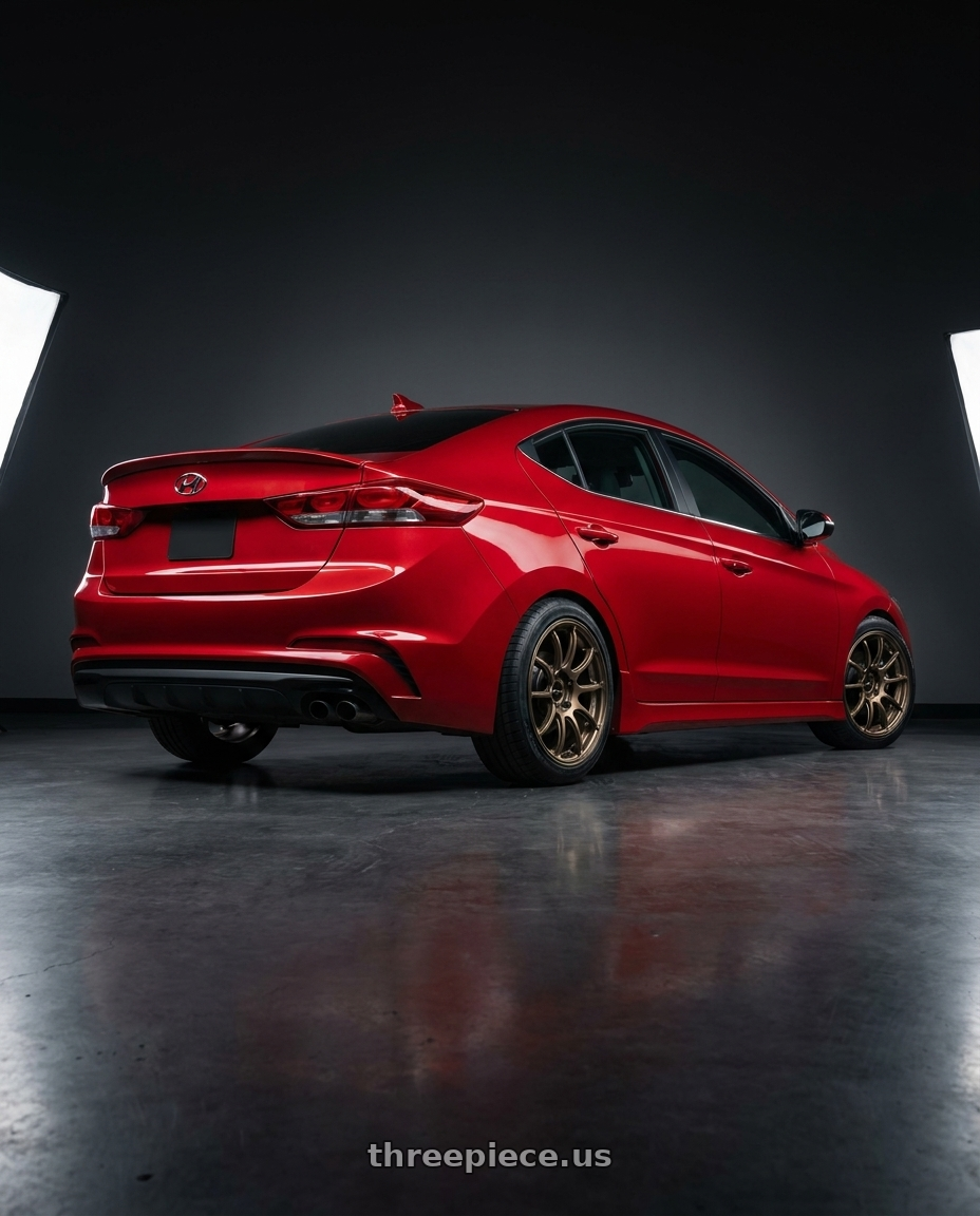 2017 Hyundai Elantra with Advan RZ II 5x114.3 17x8.0+45 Racing Bronze wheels rear three quarter view square tires