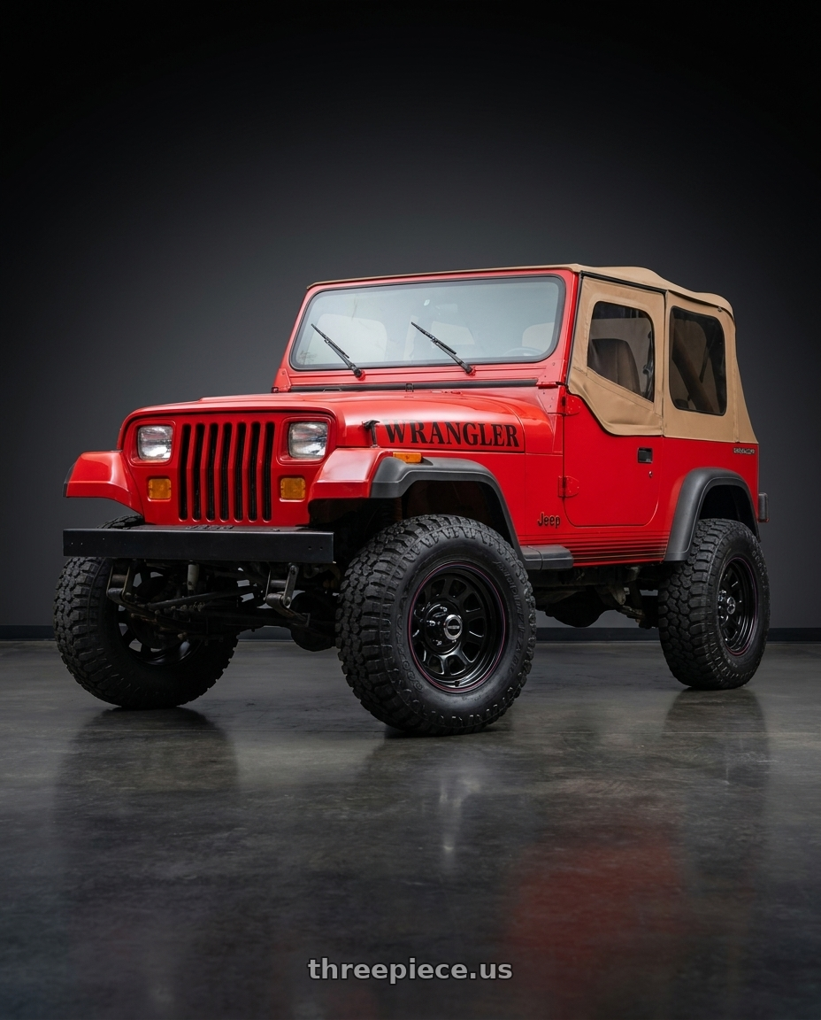 1989 Jeep Wrangler with American Racing AR767 5X114.3 15X7 0 GLOSS BLACK W/ STRIPES wheels
