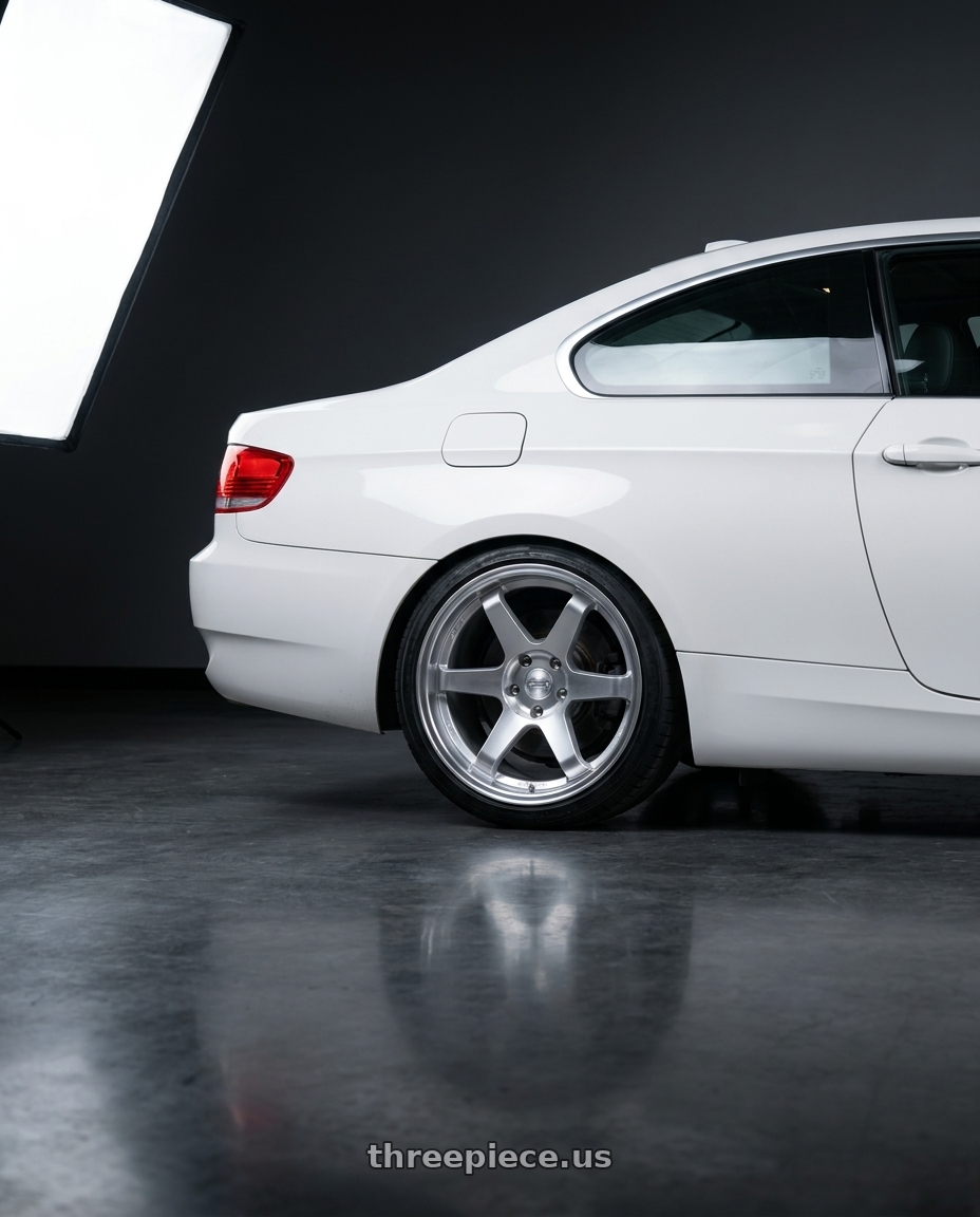 2008 BMW 328xi Alpine White with ESR Wheels SR SERIES SR07 5x120 18x8.5 +30 Hyper Silver wheels rear three quarter view square tires