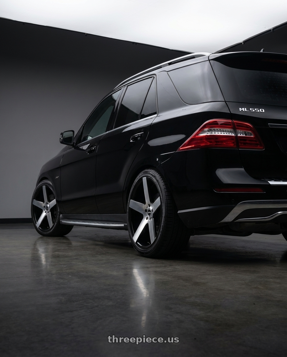 2014 Mercedes ML550 with Strada Coda Blank 24x10 +15 Gloss Black Machined wheels rear three quarter view slight stretch tires