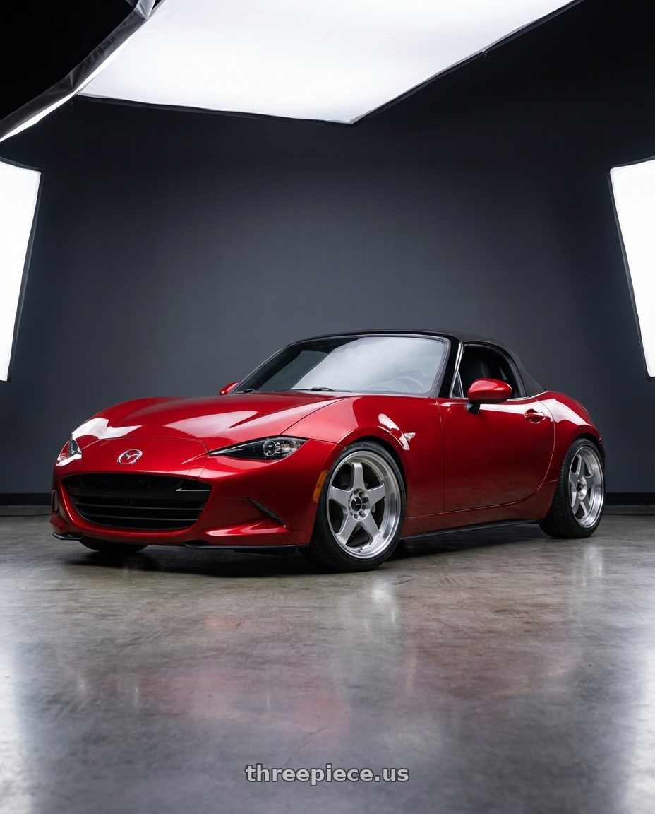 2016 Mazda Miata with Vors SP1 5x100/5x114.3 17x8  +35 Silver Machine Face Lip wheels front three quarter view lowered stance