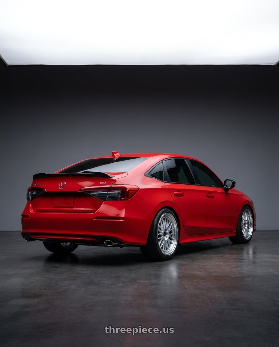 2026 Honda Civic Si Red with Vors VR8 5x114.3 18x8  +35 Silver Machine Lip Chrome Rivet wheels rear three quarter view square tires