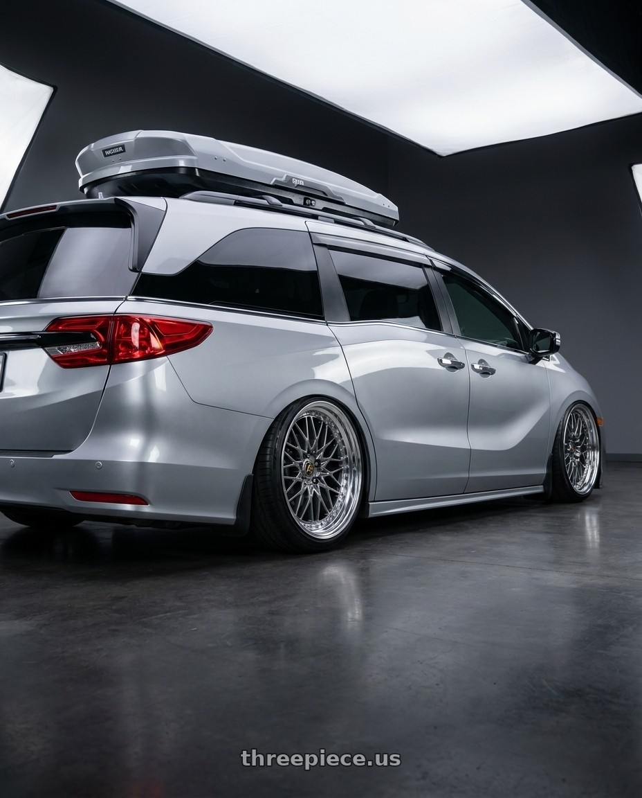 2024 Honda Odyssey with Work Vs-Xv 5x120 20x8.5+40 O Disk Brilliant Silver Black wheels rear three quarter view slight stretch tires