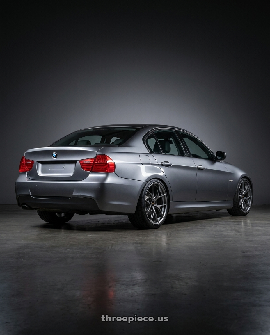 2009 e90 323i, space grey metallic with BBS FIR Center Lock 20x12 +44 wheels rear three quarter view square tires