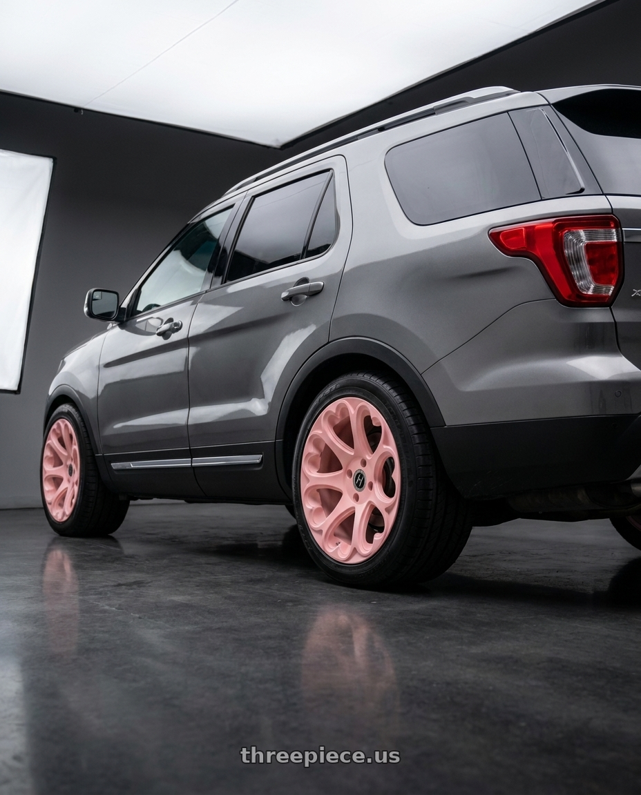 2016 ford explorer xlt gray with Heritage Wheel KOKORO 5x105 18x8.5 +35 Pink wheels rear three quarter view square tires