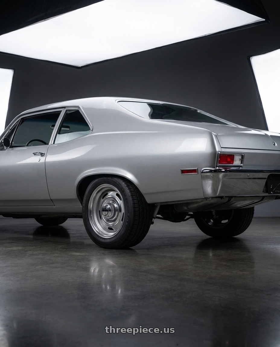 1972 chevy nova with Vision American-Muscle 55 Rally 5x120.65 15x6+12 Silver wheels rear three quarter view square tires