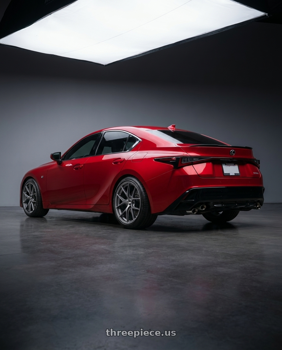 2023 Lexus IS500 with BBS FI 5x120 20x9.5 +26 Titanium wheels rear three quarter view square tires