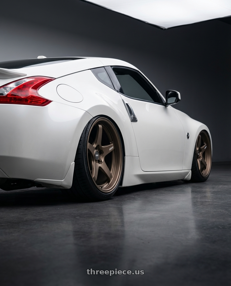 2019 Nissan 370Z with ESR Wheels APEX SERIES AP5 5x114.3 19x9.5 +22 Matte Bronze wheels rear three quarter view slight stretch tires
