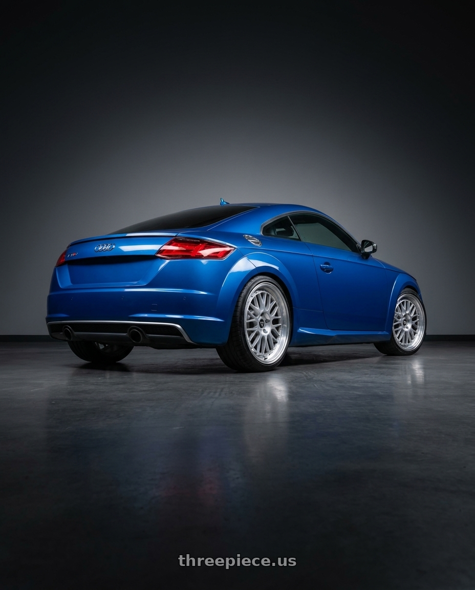 2015 audi tts blue with Motegi MR130 TECHNO MESH 5X114.3 20X8.5 +39 SILVER wheels rear three quarter view slight stretch tires