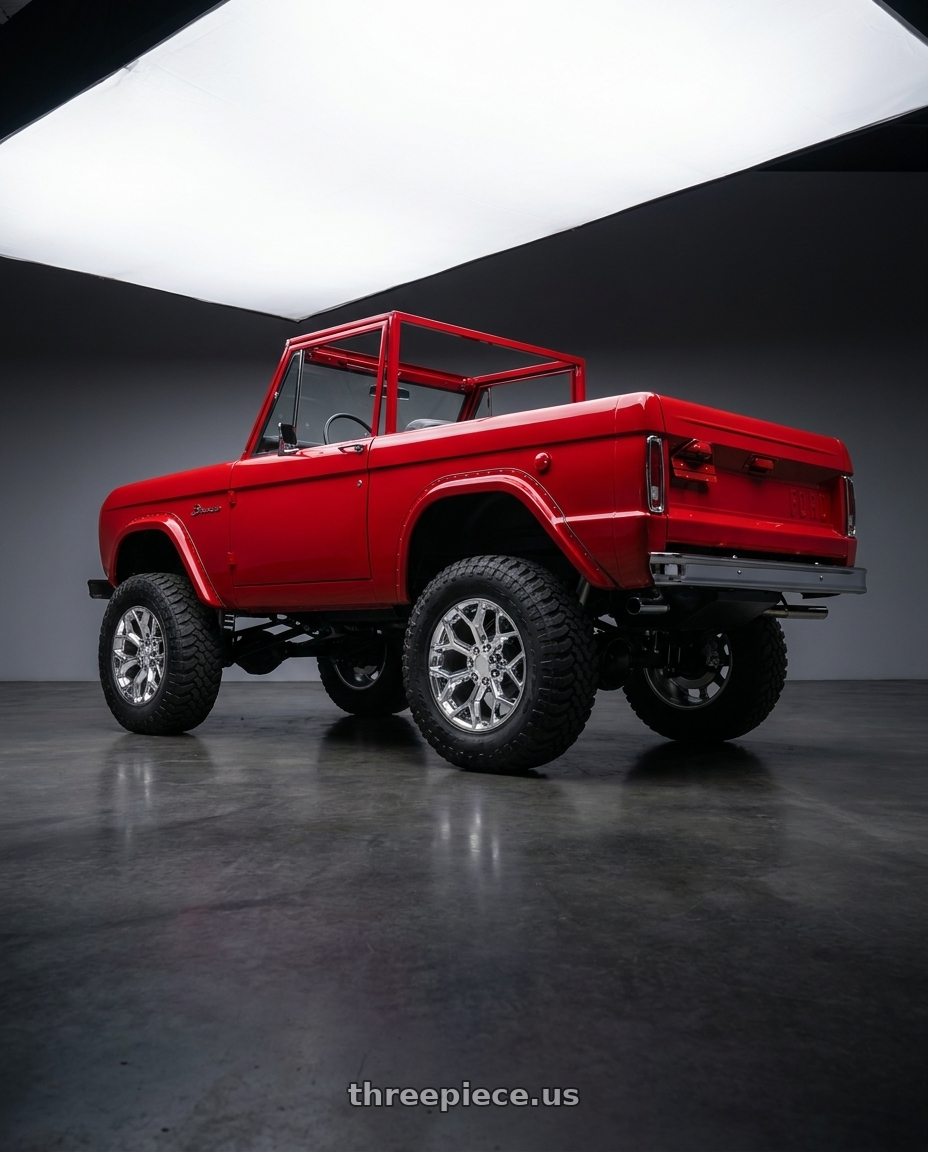 1973 ford bronco with OE Performance 176 6x139.7 20x9 +24 Chrome Plated wheels rear three quarter view meaty tires