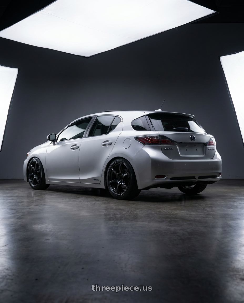 2011 Lexus CT200h with Advan RGIII 5x100 17x7.5+50 Gloss Black wheels rear three quarter view square tires