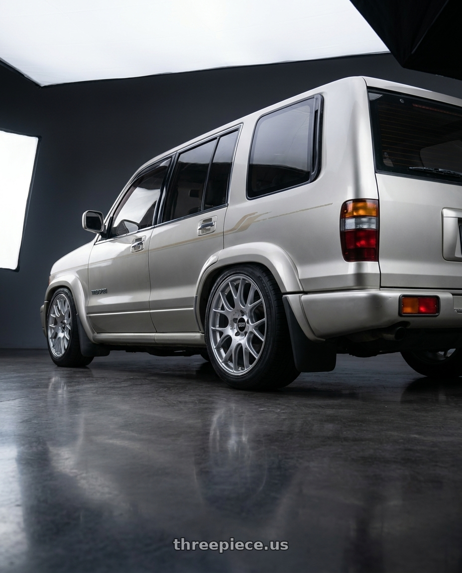 2000 isuzu trooper with BBS CH-R 5x120 19x8.5 +32 Brilliant Silver Polished Rim Protector wheels rear three quarter view square tires