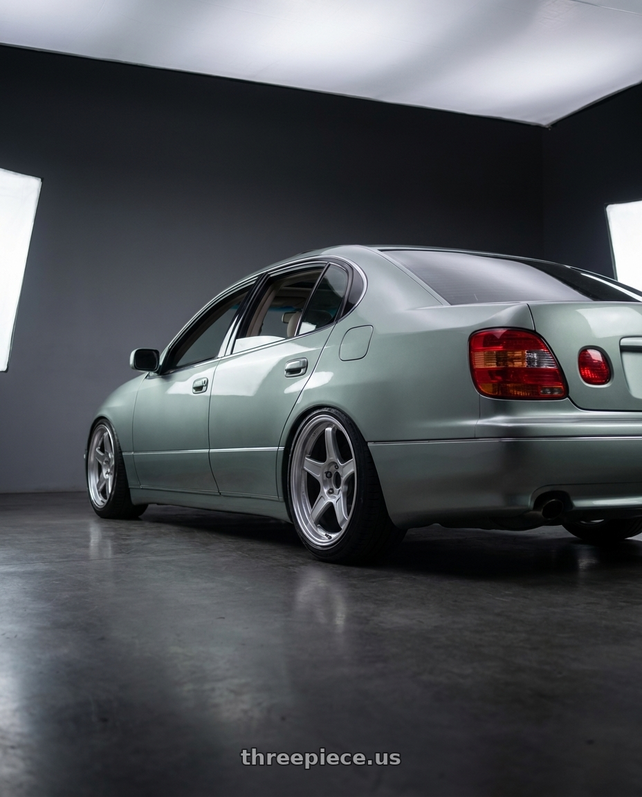 2001 Lexus gs300 with Ssr Gtx03 5x114.3 18x9.5+12  PLATINUM SILVER wheels rear three quarter view slight stretch tires