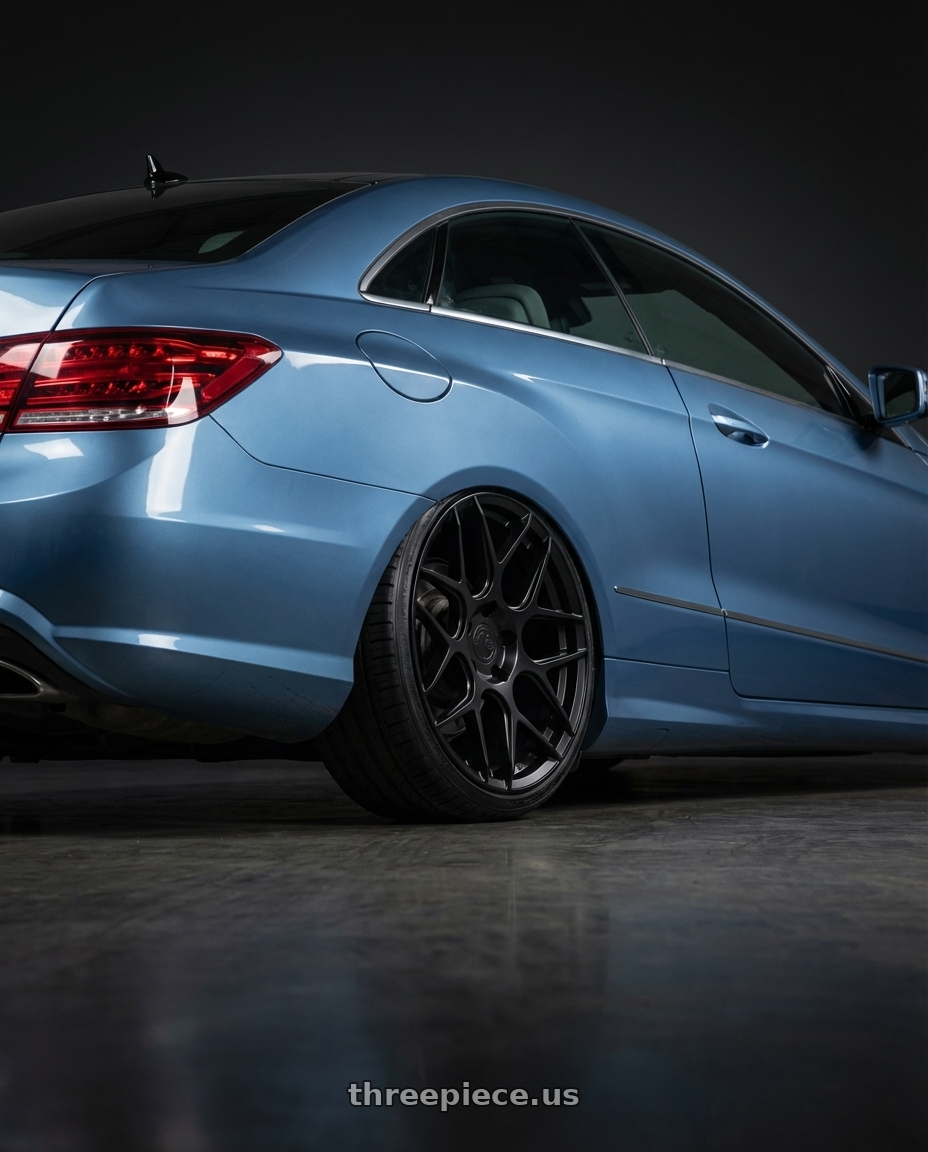 2014 Mercedes-Benz E-Class Coupe C207 with Aodhan AFF2 5x112 20x9+30 Matte Black wheels rear three quarter view slight stretch tires