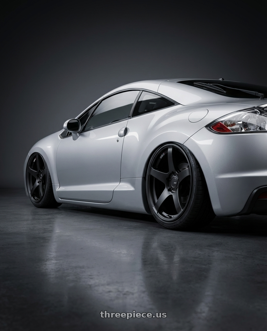 2010 Mitsubishi Eclipse with Ssr Gtv01 5x114.3 19x8.5+38  FLAT BLACK wheels rear three quarter view slight stretch tires