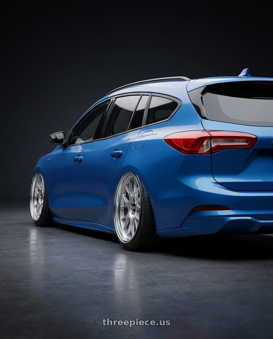 2023 focus wagon mk4.5 Blue Metallic with BBS CH-R 5x120 18x9 +44 Brilliant Silver Polished Rim Protector wheels rear three quarter view extreme stretch tires