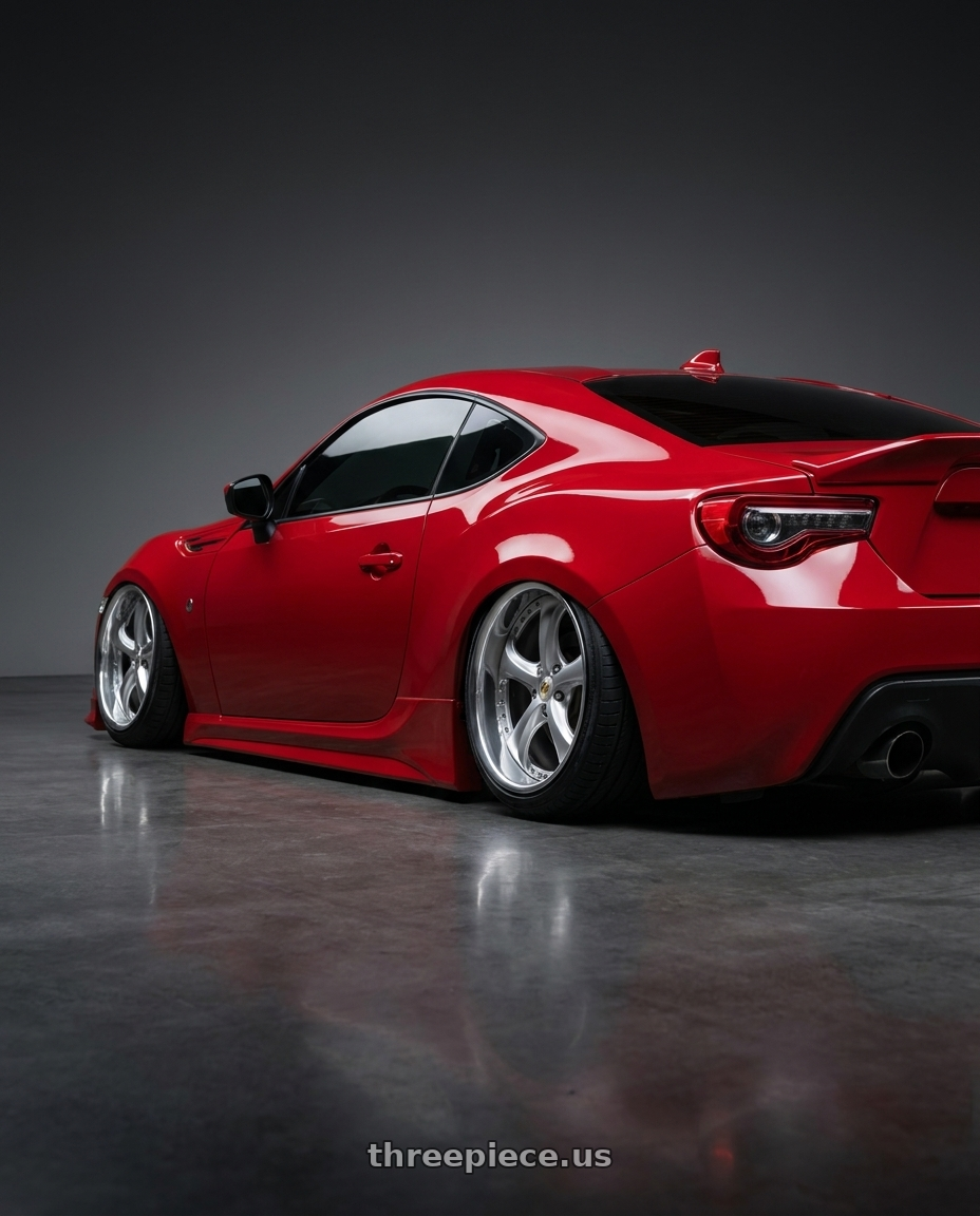 2017 Toyota gt 86, red  with Work Wheels VS-KF 5x100 18x9.5+35 Light Grey Silver L Disk FULL REVERSE wheels rear three quarter view slight stretch tires