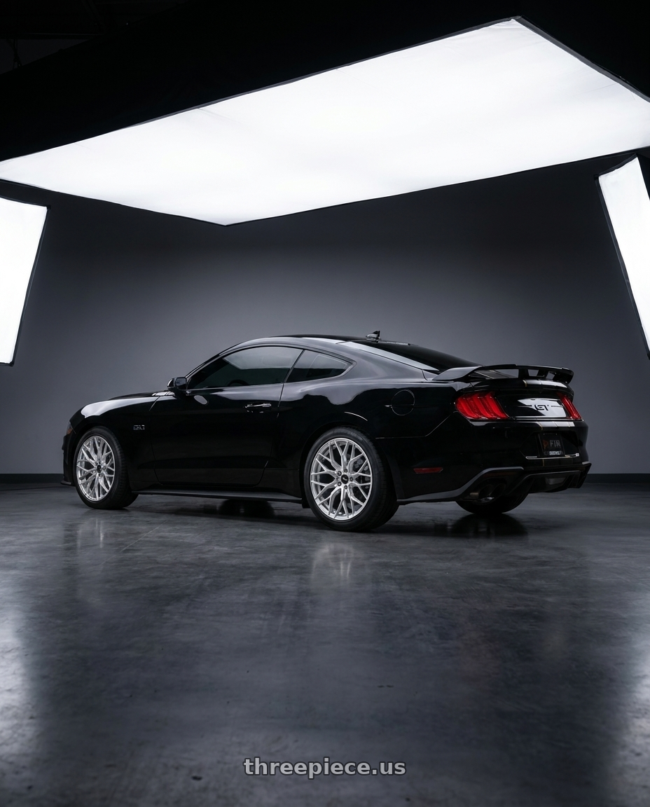 2022 ford mustang gt with F1R FS3 5x112 18x8.5 +35 Machine Silver wheels rear three quarter view square tires