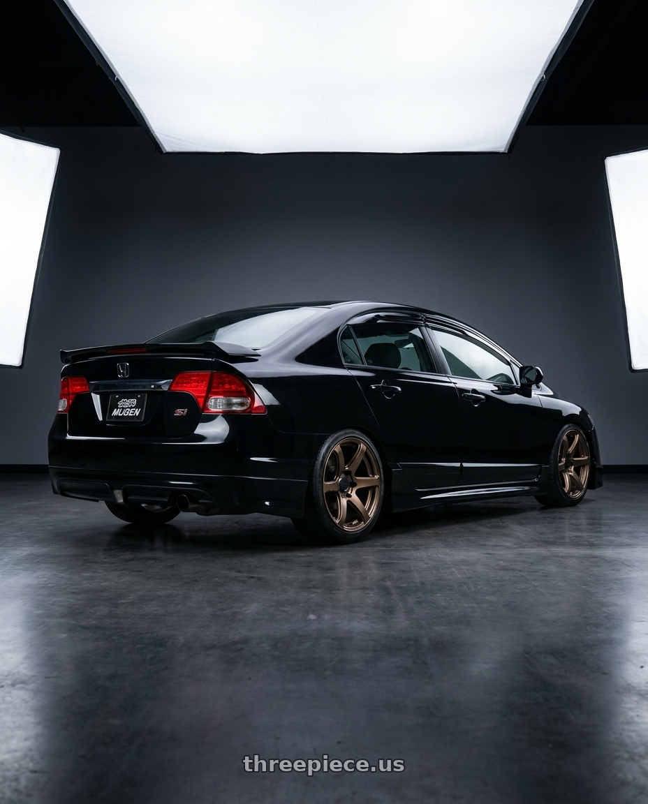 2008 Honda civic si with Enkei Cyclone 6x139.7 17x9+0 Gloss Bronze wheels rear three quarter view square tires