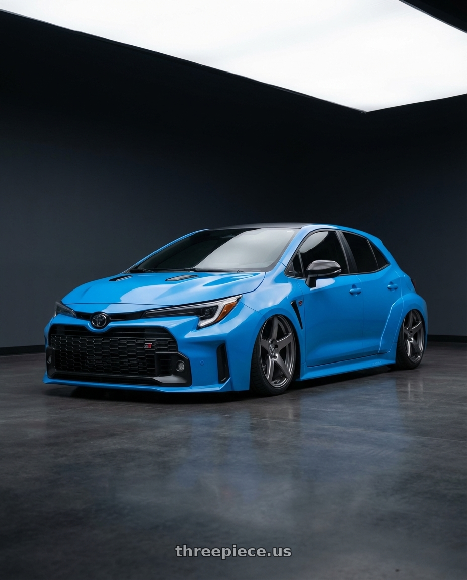 2024 Toyota GR Corolla with Forgestar CF5 5x114.3 18x10 +42 Gloss Anthracite wheels front three quarter view stanced stance