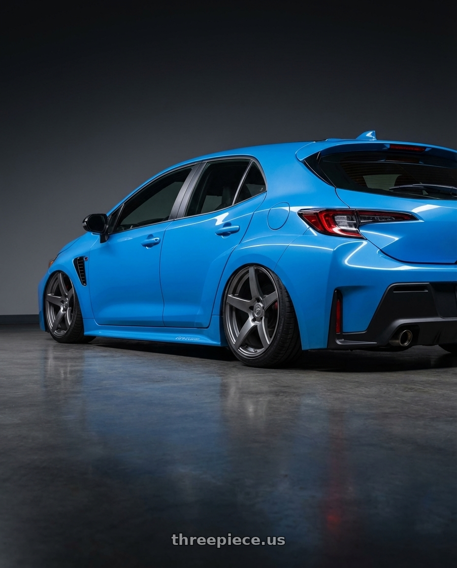 2024 Toyota GR Corolla with Forgestar CF5 5x114.3 18x10 +42 Gloss Anthracite wheels rear three quarter view slight stretch tires