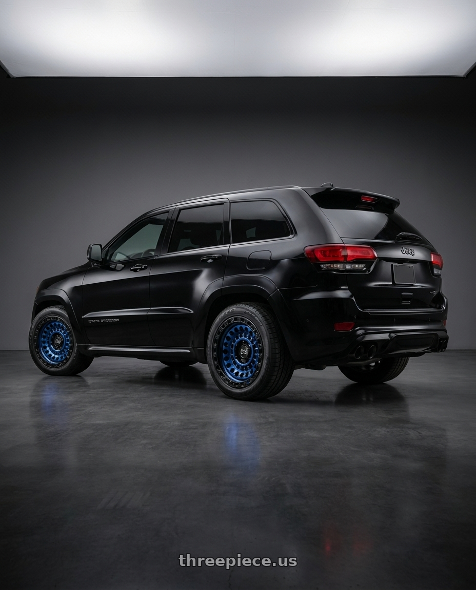 2021 jeep grand cherokee with Black Rhino SENTINEL 5X127 17X8.5 -18 COBALT BLUE W/ BLACK RING wheels rear three quarter view square tires