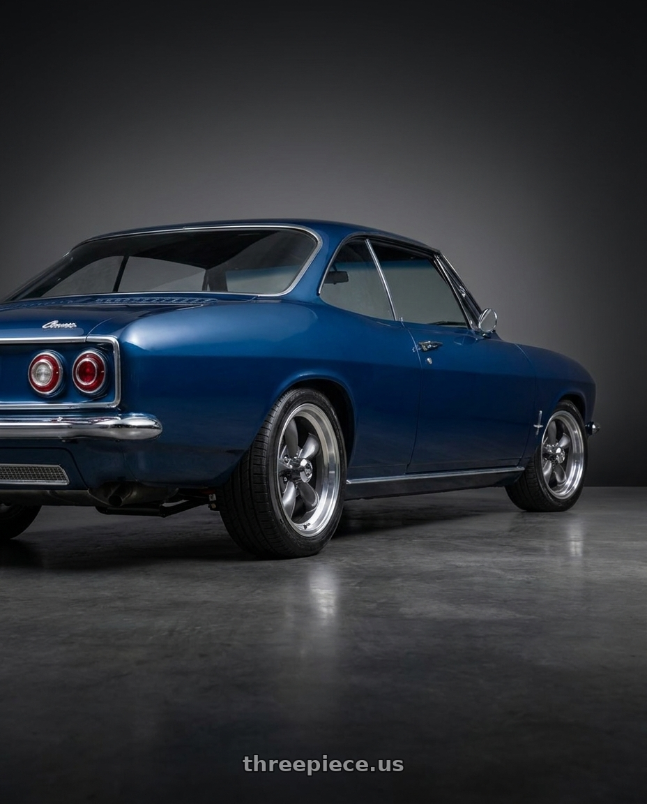 1965 Chevrolet Corvair with Vision American-Muscle 141H 5x120.65 15x7-7 Gunmetal Machined Lip wheels rear three quarter view slight stretch tires