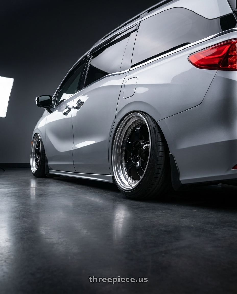 2024 honda odyssey  with Work Meister S1 3P 5x120 19x8.5+45 L Disk Black wheels rear three quarter view extreme stretch tires