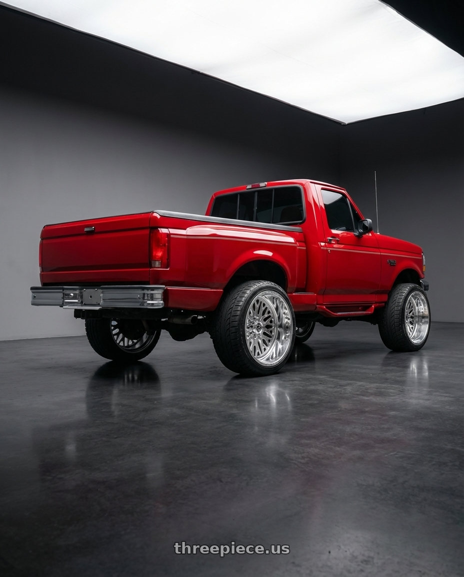 1994 Flareside f150 with Fuel Forged FF109 8x170 20x12 -40 POLISHED wheels rear three quarter view extreme stretch tires
