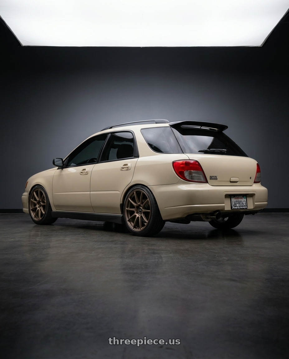 2002 subaru wrx wagon with Enkei Triumph 5x100 17x9+45 Matte Bronze wheels rear three quarter view slight stretch tires