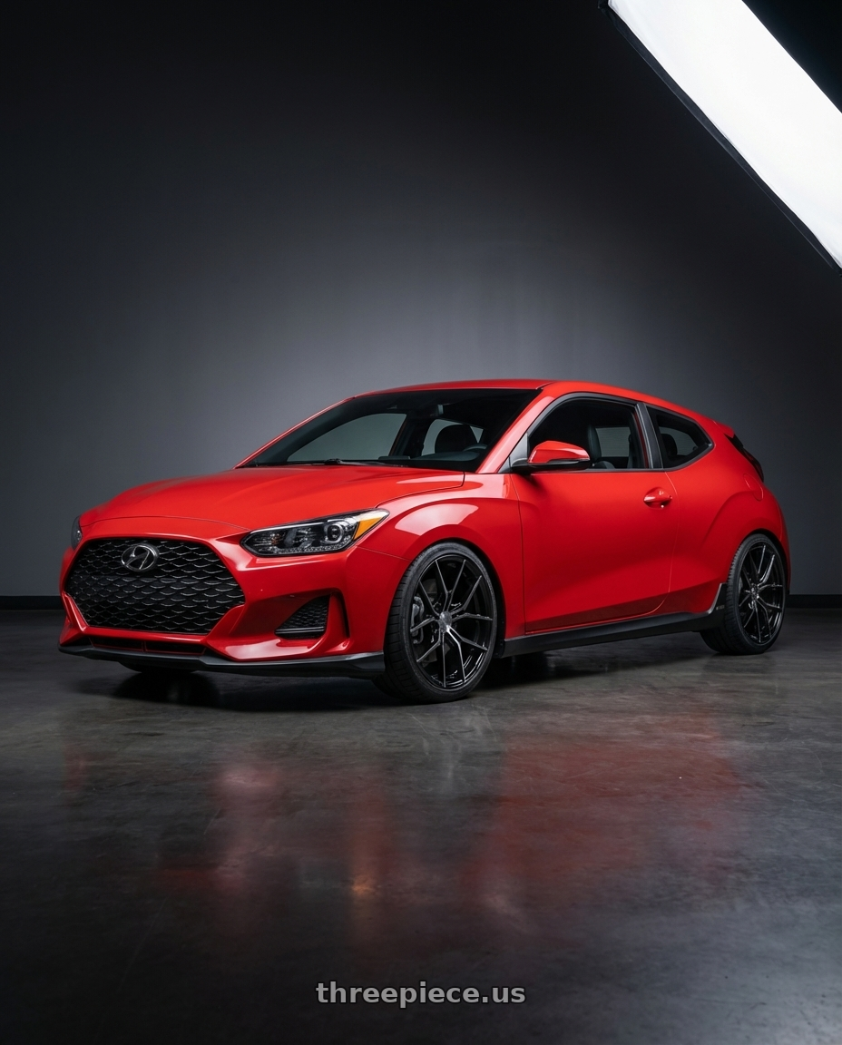 2022 Hyundai Veloster N with Niche 1PC NC279 PRODIGY 5 5X114.3 19x8.5 +35 GLOSS BLACK DARK TINTED CLEAR wheels front three quarter view lowered stance