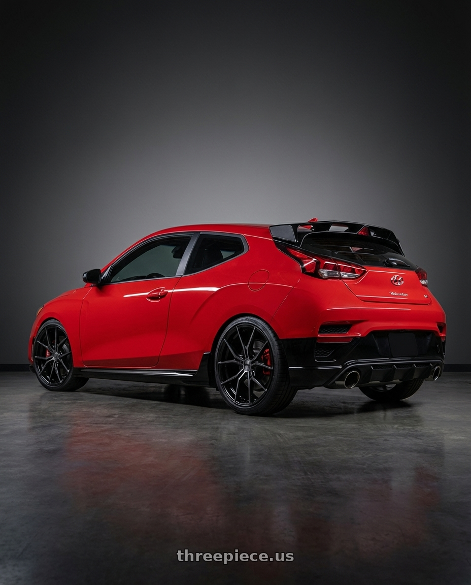 2022 Hyundai Veloster N with Niche 1PC NC279 PRODIGY 5 5X114.3 19x8.5 +35 GLOSS BLACK DARK TINTED CLEAR wheels rear three quarter view square tires