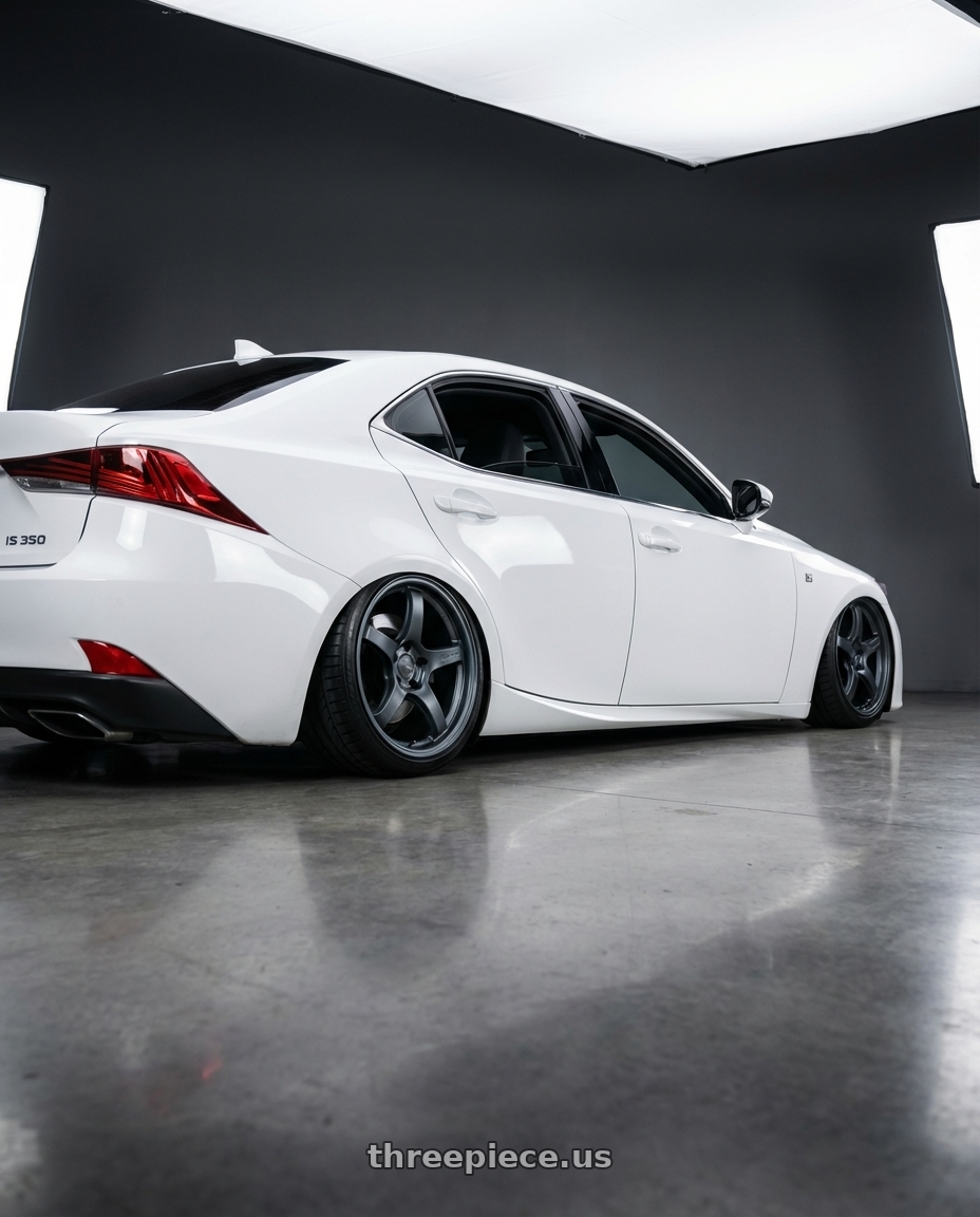 2018 Lexus IS 350 F Sport with Gram Lights 57CR 5x114.3 19x9.5+25 Gunblue II wheels rear three quarter view slight stretch tires