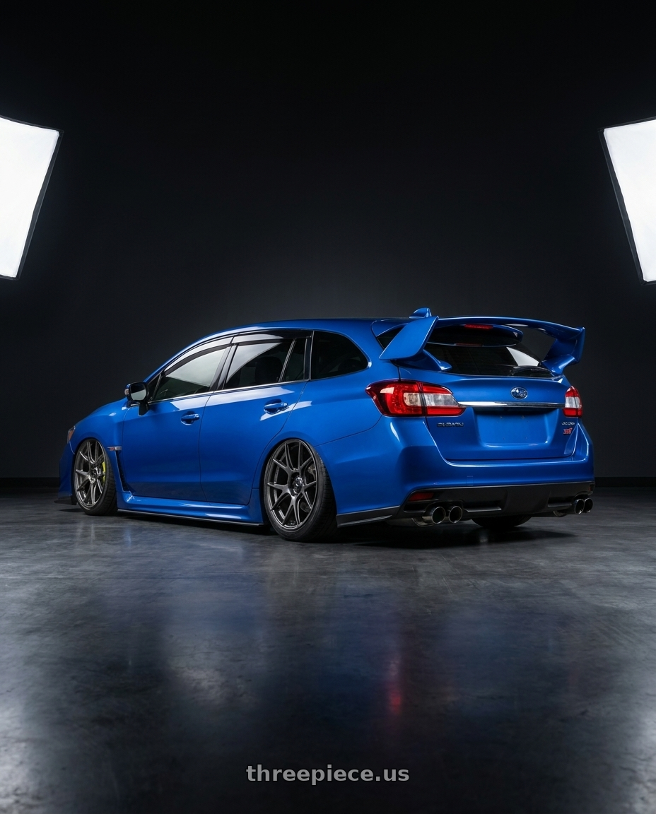 2019 Subaru levorg sti with Konig Ampliform 5x114.3 18x10+20 Dark Metallic Graphite wheels rear three quarter view slight stretch tires