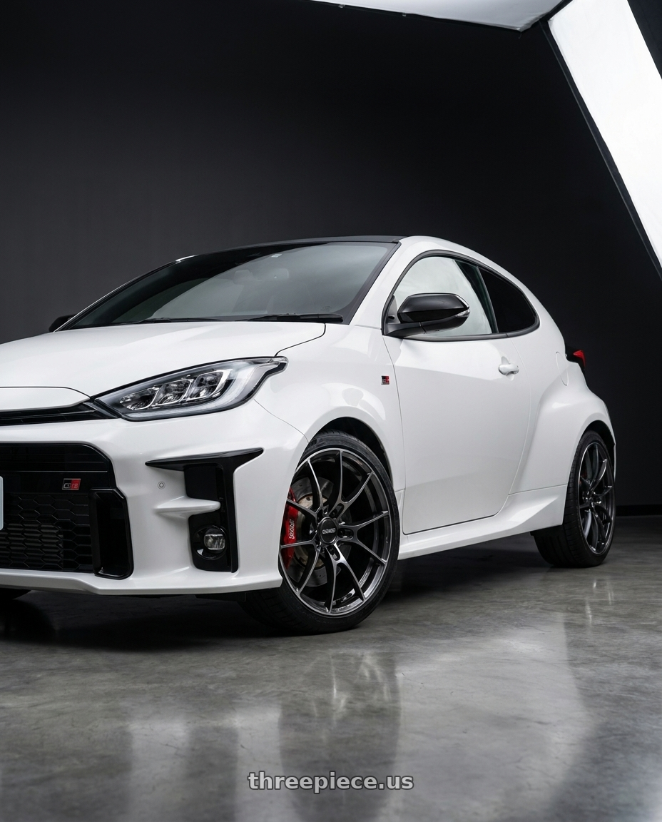 2021 gr yaris with Volk Racing G025 5x114.3 18x8.5+35 Shining Black Metal / Rim Edge DC wheels