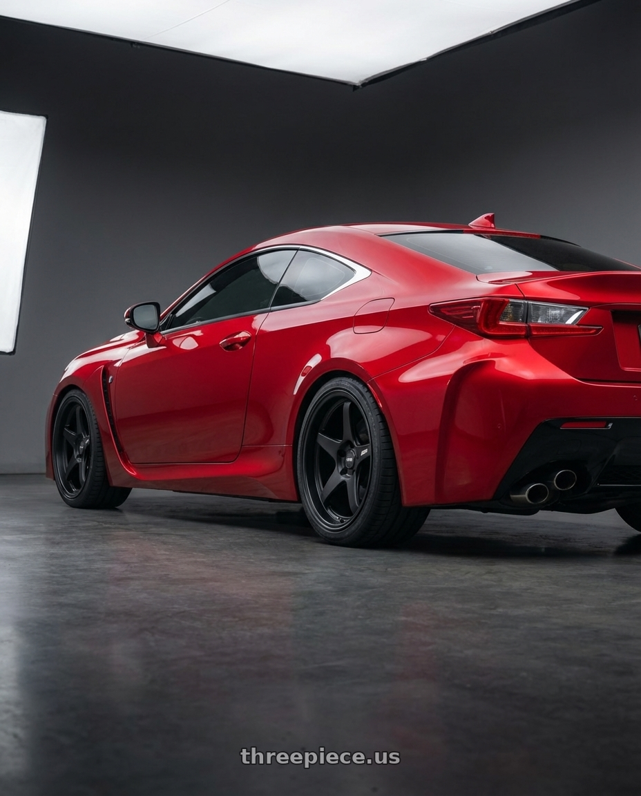 2018 Lexus RC F with ESR Wheels APEX SERIES AP5 5x114.3 19x9.5 +22 Matte Black wheels rear three quarter view square tires