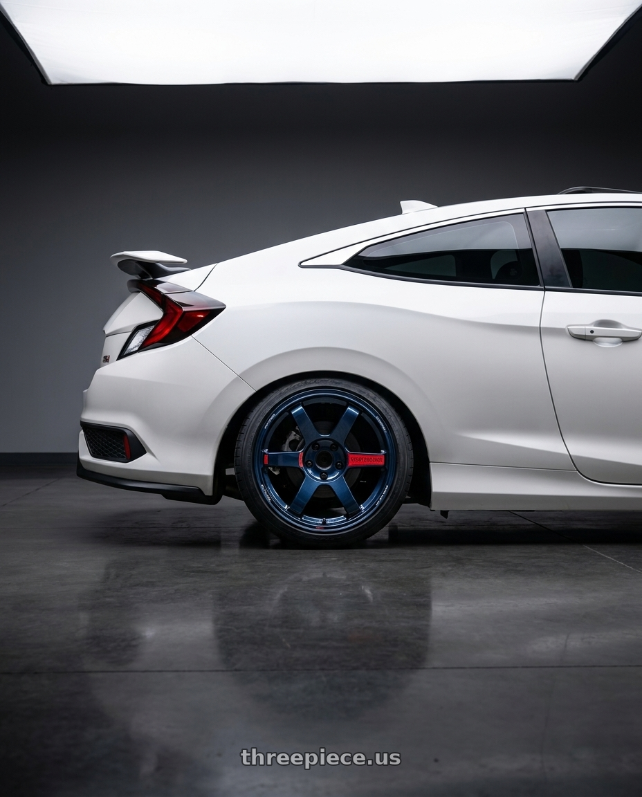 2020 Honda civic si coupe platinum white with Volk Racing TE37 SAGA SL 5x114.3 18x9.5 +35 MAG BLUE wheels rear three quarter view slight stretch tires