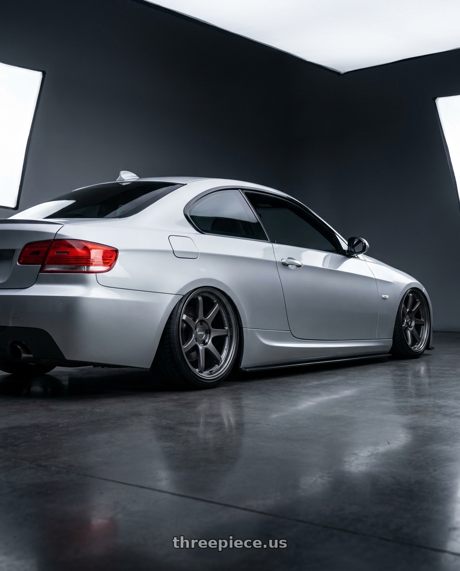 2012 BMW 3 Series E92 with Kansei K11G Tandem 5X120 18x8.5 35 Gunmetal wheels rear three quarter view slight stretch tires