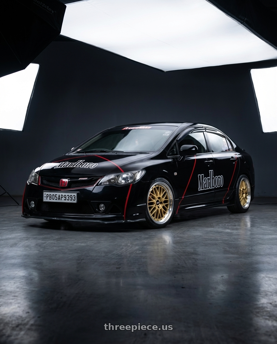 2007 Honda civic fd1 with mugen kit with BBS LM 5x114.3 18x9.5 +38 Gold Center Diamond Cut Lip wheels front three quarter view lowered stance