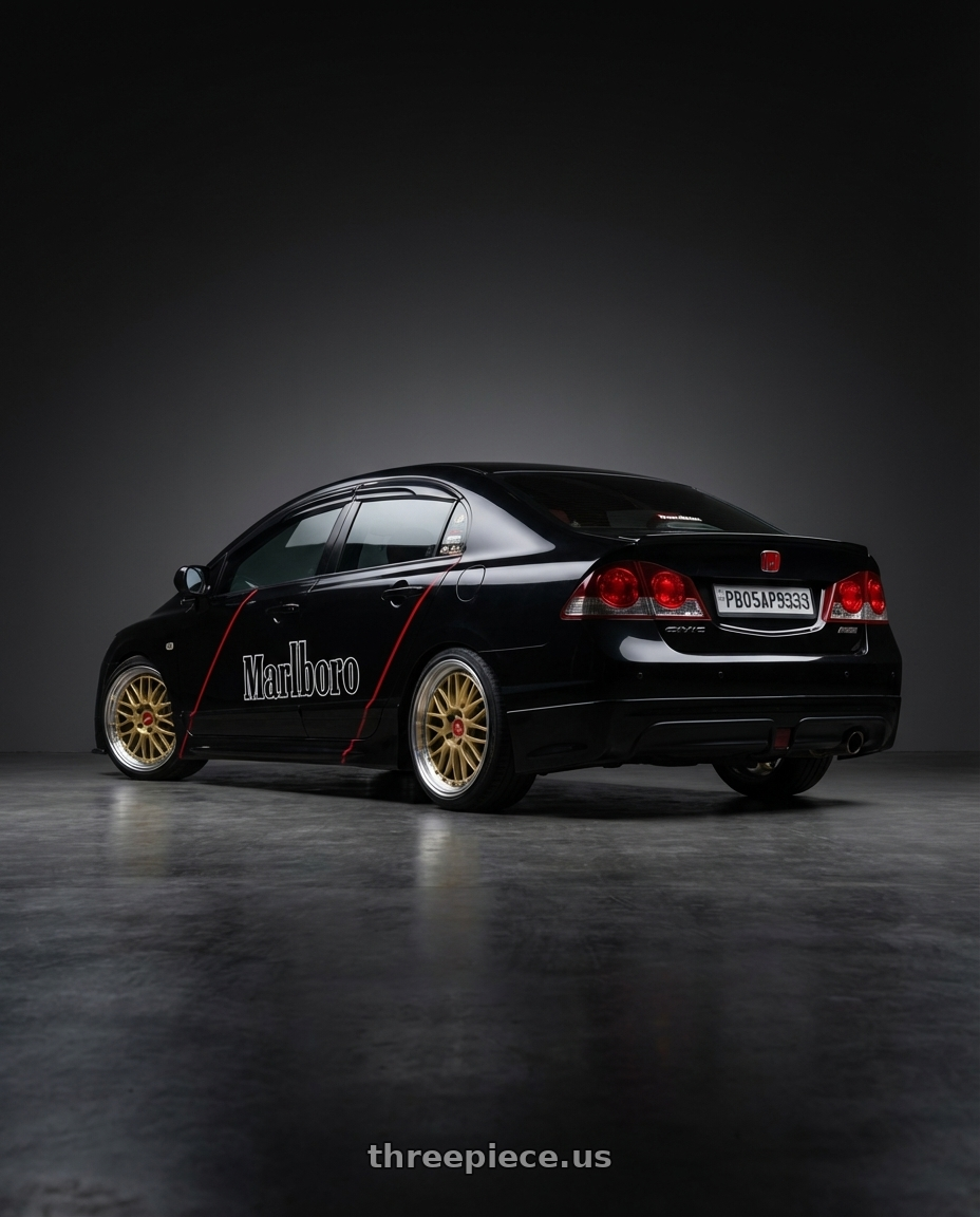 2007 Honda civic fd1 with mugen kit with BBS LM 5x114.3 18x9.5 +38 Gold Center Diamond Cut Lip wheels rear three quarter view square tires