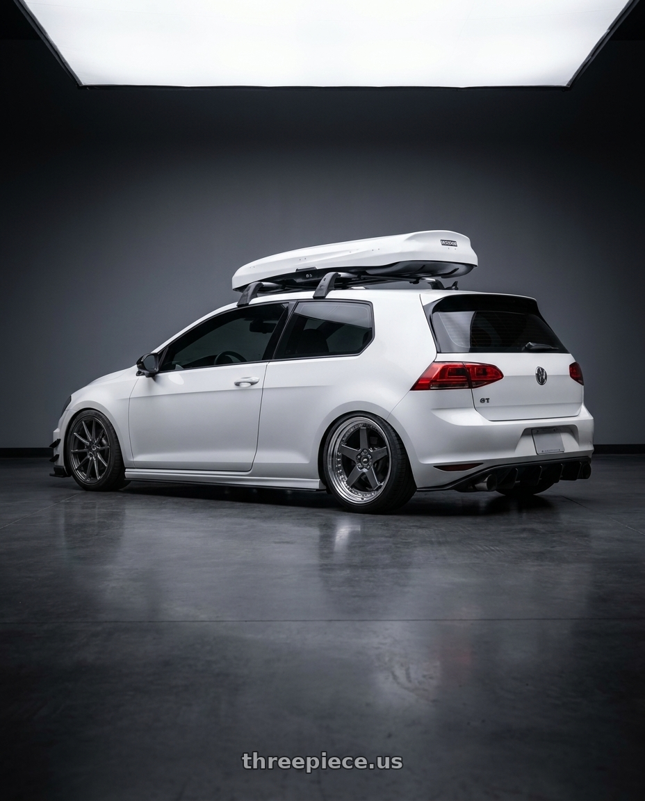 2015 VW GTI with Work Zistance W5s 5x112 19x9+48 w disk Brilliant Silver Black wheels rear three quarter view square tires