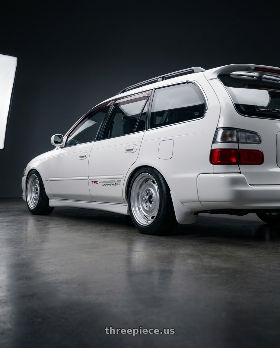 1993 corolla wagon with Mobelwagen MW430S Interceptor 4X130 15x5.5 20 Silver wheels rear three quarter view slight stretch tires