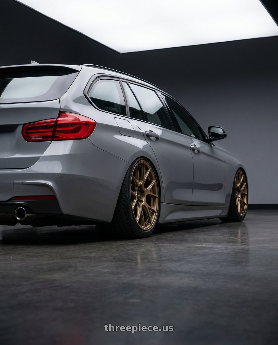 2016 BMW 3 Series F30 with Konig Ampliform 5x120 19x10+28 Gloss Bronze wheels rear three quarter view slight stretch tires