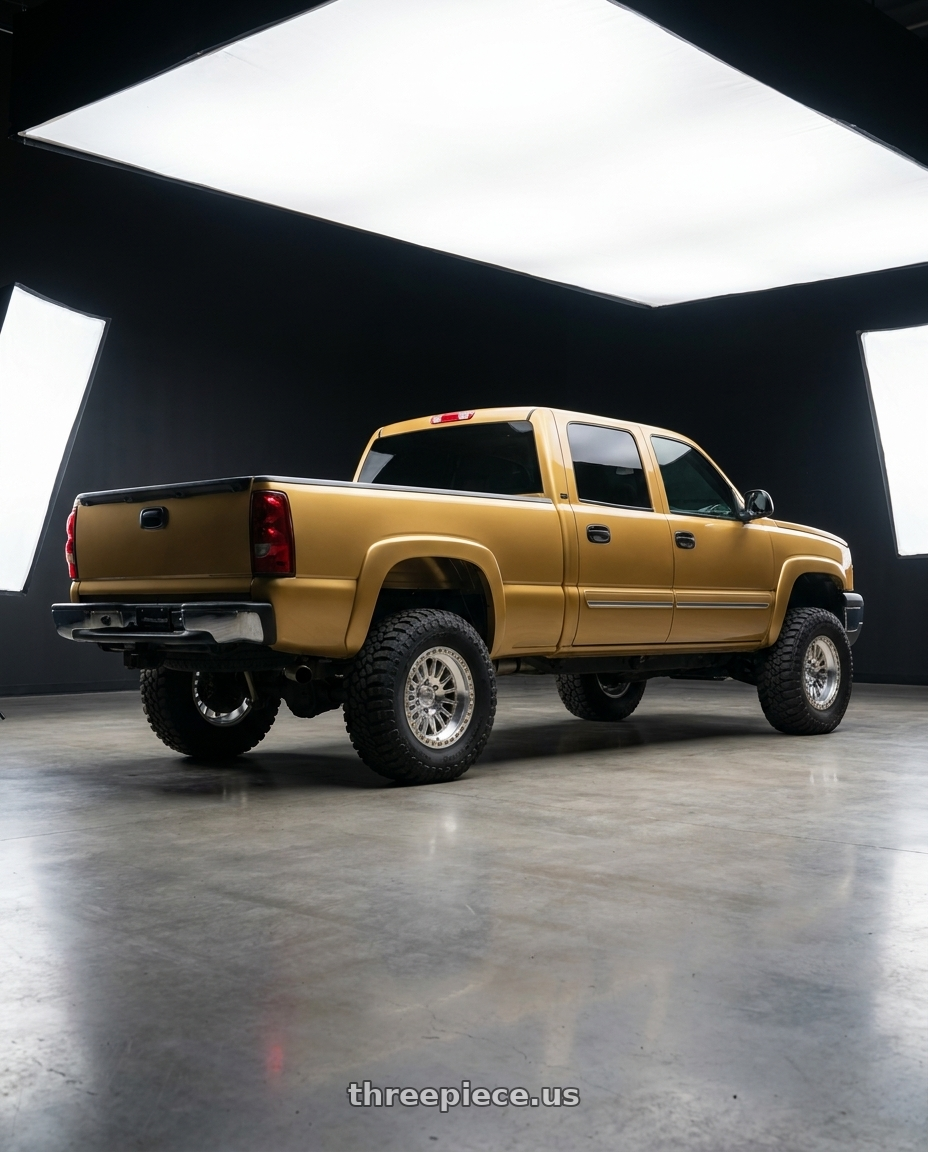 2005 Chevy Silverado gold with LOCK OFFROAD GRIT 6x139.7 17x8.5 +25 Machine With Clear Coat wheels rear three quarter view square tires