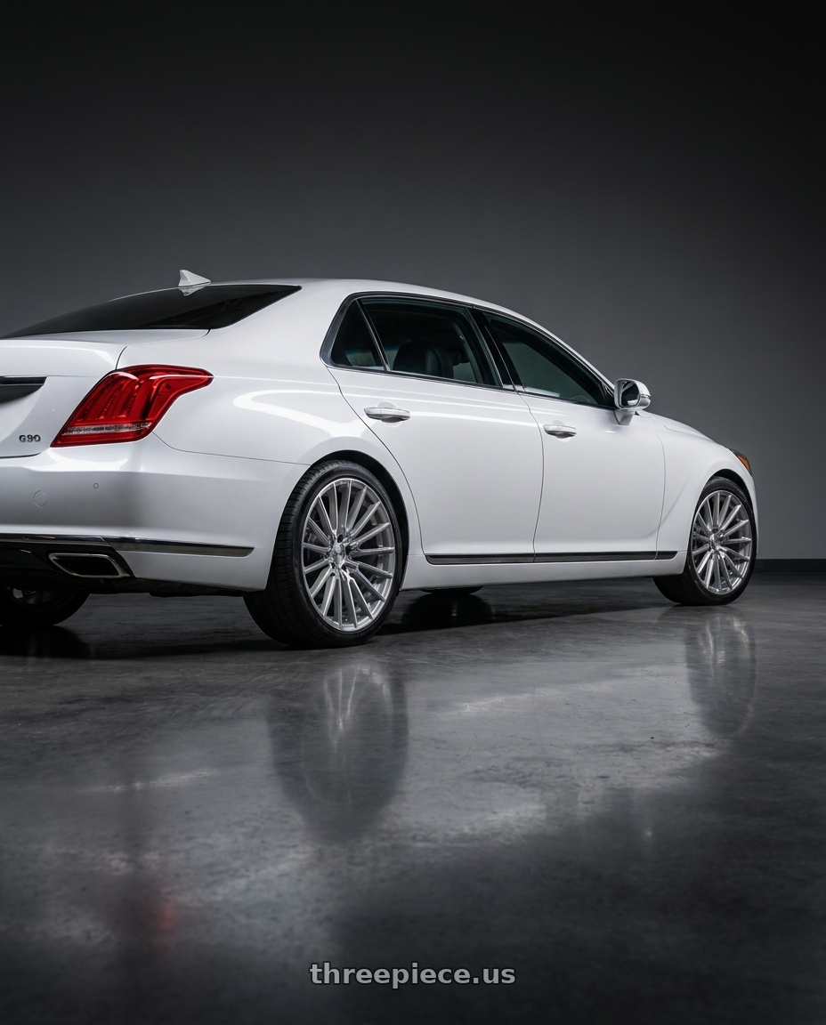 2018 genesis g90 ultimate with Niche 1PC M251 PREMIO 5X114.3 20X10.5 +40 PLATINUM BRUSHED wheels rear three quarter view square tires