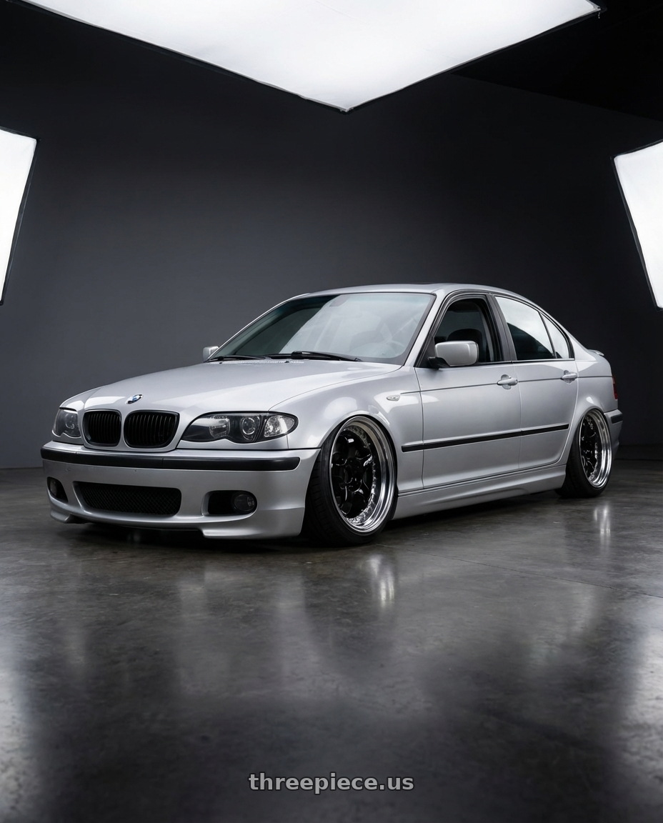 2004 Bmw 330i with Work Meister S1 3P 5x100 18x10.5+16 A Disk Black wheels front three quarter view stanced stance